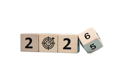 Wooden blocks spelling 2025 with a target symbol and a dice showing 5 and 6 isolated on transparent background