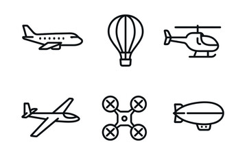 Set of line icons: airplane, hot air balloon, helicopter, drone, glider, blimp
