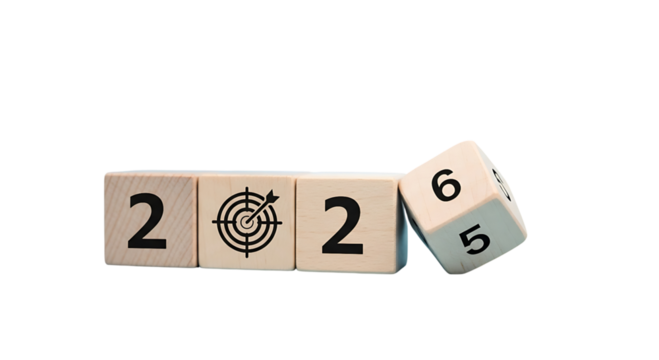 Wooden blocks spelling 2025 with a target symbol and a dice showing 5 and 6 isolated on transparent background