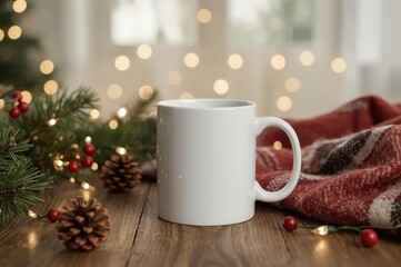 A white mug surrounded by holiday decor, sits atop a rustic wooden table, exuding festive warmth.