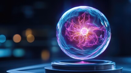 Dynamic energy sphere displaying electric plasma futuristic laboratory visual art dark environment close-up view science concept