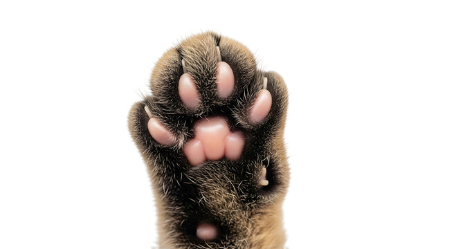 Closeup of a cats paw with visible pads and fur isolated on transparent background
