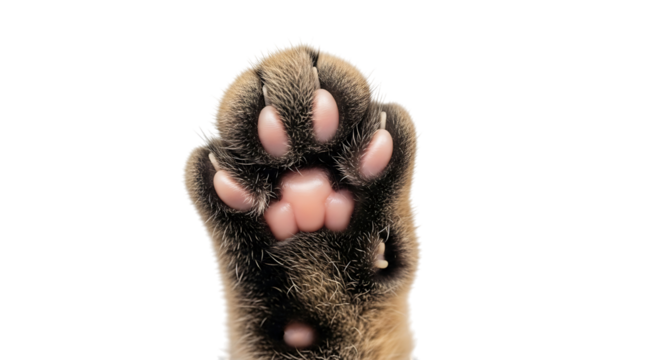 Closeup of a cats paw with visible pads and fur isolated on transparent background