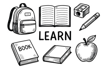 Learn: books, pencil, backpack, and apple illustrate education essentials
