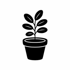 Potted Plant Silhouette Icon Isolated on White Background