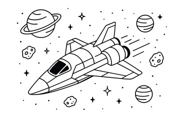 Space shuttle adventure with planets and asteroids in black and white line art