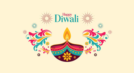 Vector illustration of a decorative Diwali diya with floral patterns and fireworks, symbolizing light, joy, and celebration, perfect for festive greeting cards and holiday marketing designs