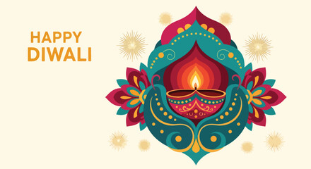 Vector illustration of a decorative Diwali diya with floral patterns and fireworks, symbolizing light, joy, and celebration, perfect for festive greeting cards and holiday marketing designs