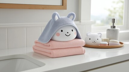 Cute bear towel holder in a bright bathroom setting decorative content cheerful environment close-up view