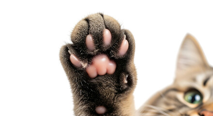 Closeup of a cats paw with pink toe beans isolated on transparent background