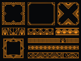 Collection of luxury geometric art deco ornaments with elegant frames, dividers, headers, and borders for cards or posters
