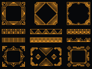 Golden art deco decorative elements set for geometric borders, dividers, frames, and headers in vintage style