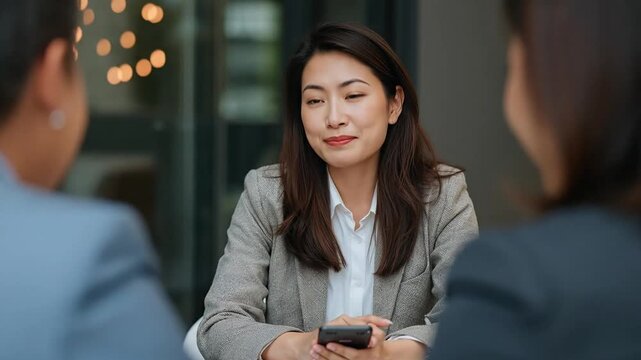 Smiling Asian Financial Advisor Engages Clients in a Professional Business Meeting, Offering Expert Advice and Solutions