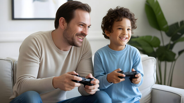 A father and his young son smiling and playing a video game together, sharing a controller.