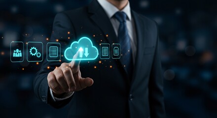 Professional taps cloud computing interface for seamless data management and collaboration, unlocking innovation in modern business technology solutions