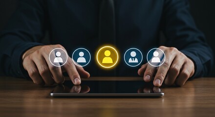 Find the perfect candidate with streamlined digital recruitment on a tablet, connecting top talent for business success, featuring a standout applicant