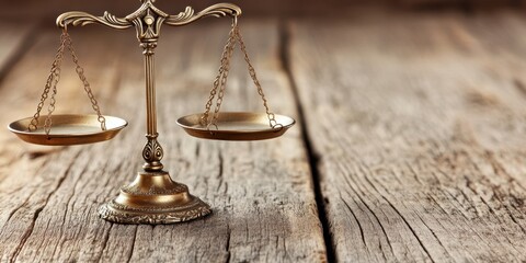 A gold scale with a white plate on top of a wooden table. The scale is balanced, with the white plate on one side and the other side empty. Concept of balance and fairness