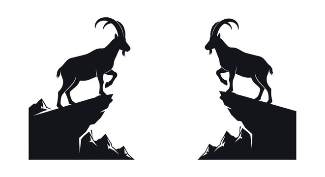 Two ibex silhouettes stand powerfully on rocky mountain peaks facing each other
