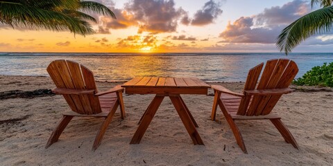 A couple of beach chairs are set up on a sandy beach next to a table. The chairs are facing the ocean and the table is empty. The scene is peaceful and relaxing, with the sun setting in the background