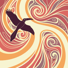 Illustration of bird flying in swirl pattern