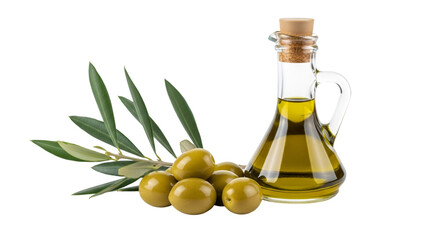 Olive oil bottle with olives and branch olive branch