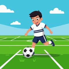 Smiling Young Boy in a Sports Uniform Playing Soccer and Dribbling the Ball on a Green Grass Field Under a Blue Sky