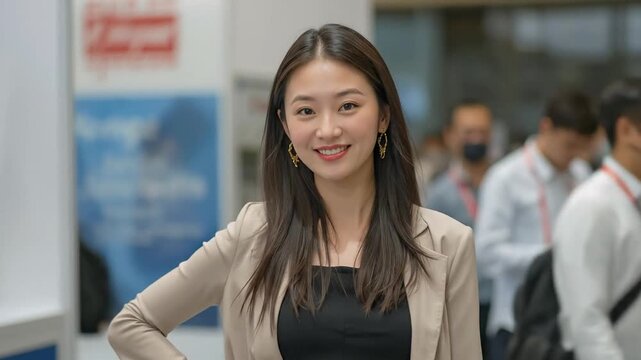 Confident Young Asian Financial Advisor Smiling in a Professional Office Environment, Exuding Approachability and Business Acumen