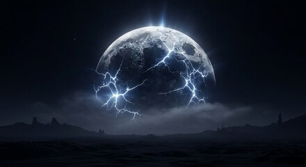 Lunar energy over dark landscape with storm effect