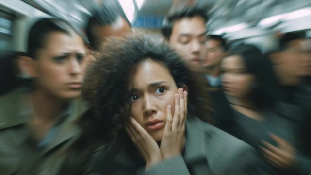 Anxious woman surrounded by a crowd in a busy subway, feeling overwhelmed, isolated, and stressed amid the motion and noise