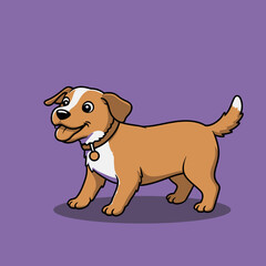 Cheerful cartoon illustration of a friendly brown and white mixed breed puppy dog with a happy expression and a collar, standing on a bright purple background