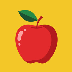 Bright red apple with a shiny highlight, green leaf, and brown stem, rendered in a simple, vibrant flat cartoon illustration style on a cheerful yellow background