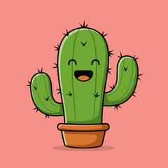 Cheerful and happy cartoon kawaii style illustration of a prickly green Saguaro cactus with outstretched arms, planted in a terracotta pot against a soft pink background