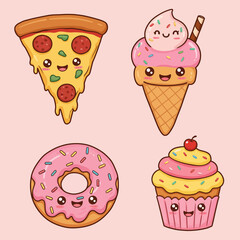 Collection of four adorable cartoon kawaii fast food and dessert characters: a slice of pizza, an ice cream cone, a pink sprinkled donut, and a cupcake on a pastel pink background