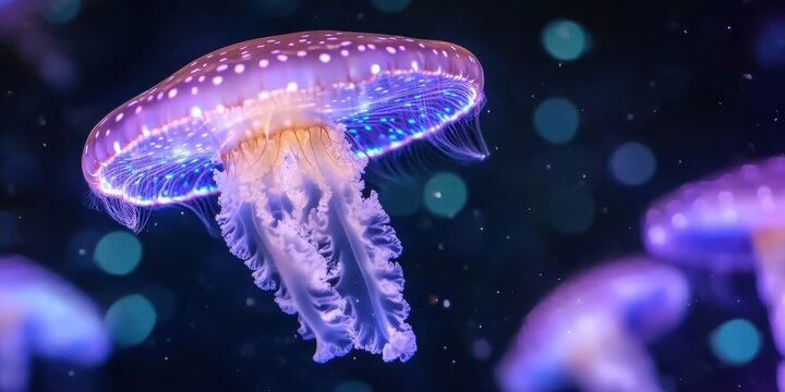 A jellyfish with purple and blue spots is floating in the water. The jellyfish is surrounded by a blurry background, giving the image a dreamy and ethereal feel - Powered by Adobe