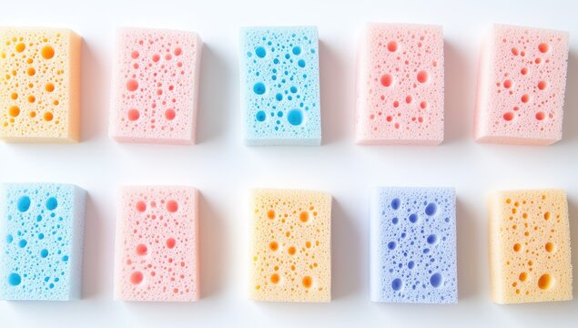 Colorful sponges arranged in a grid pattern on a white surface.  Each sponge is a rectangular shape with a textured surface of  small holes.  A variety of pastel colors are used