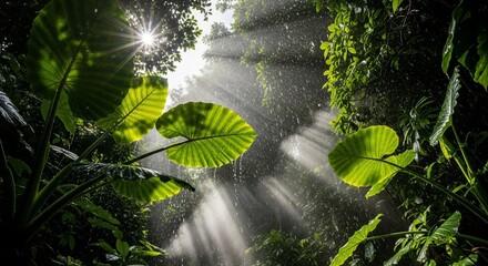 Lush tropical foliage with sunlight and rain