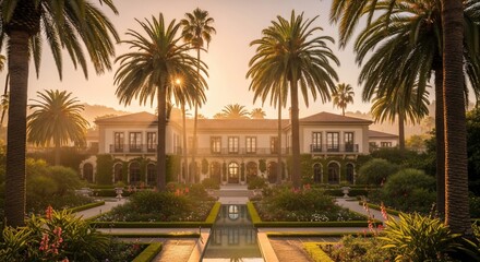 Luxury home exterior with palm trees architecture and landscaping