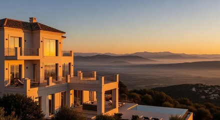 Luxury villa overlooking mountain landscape at sunrise