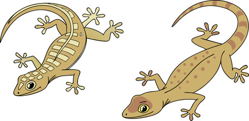 Two stylized black gecko silhouettes are depicted against a plain white background. The gecko on the left is positioned slightly diagonally, with its head and front legs turned to the viewer's left, a