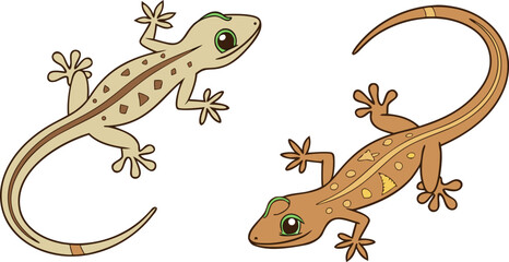 Two stylized black gecko silhouettes are depicted against a plain white background. The gecko on the left is positioned slightly diagonally, with its head and front legs turned to the viewer's left, a