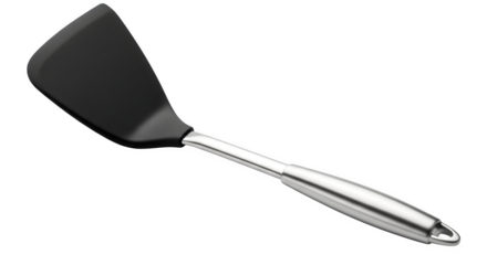 Black spatula with a stainless steel handle isolated on transparent background, a versatile kitchen tool for cooking and flipping food with ease