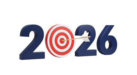 The year 2026 represented with a target and arrow, isolated on transparent background