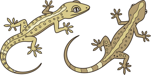Naklejka premium Two stylized black gecko silhouettes are depicted against a plain white background. The gecko on the left is positioned slightly diagonally, with its head and front legs turned to the viewer's left, a
