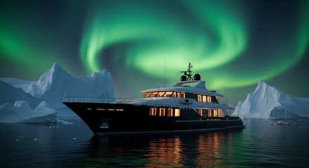 Luxury yacht sailing under northern lights in arctic landscape