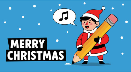 Christmas cartoon illustration, Santa character with pencil and musical note on snowy blue background, festive vector with “Merry Christmas” text