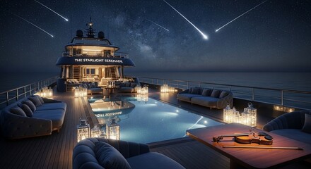 Luxury yacht swimming pool at night with shooting stars