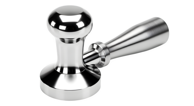 Stainless steel coffee tamper isolated on transparent background, a tool for compacting ground coffee to create a perfect espresso shot