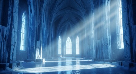 Magical ice palace interior with light streaming through windows