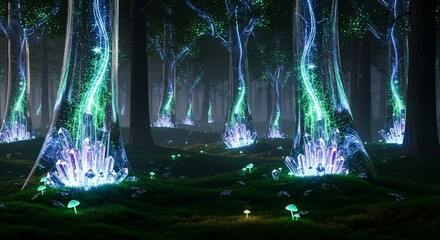 Magical forest with glowing crystals and trees fantasy landscape