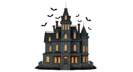 Spooky Haunted Mansion with Glowing Windows and Bats